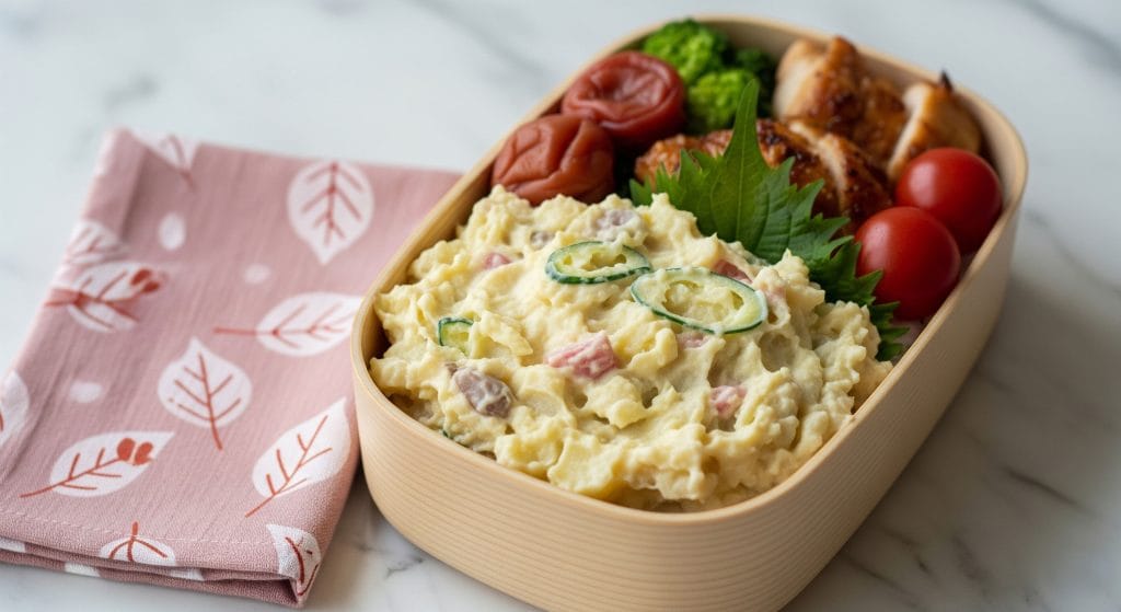 Bento contenant de la salade de pommes de terre japonaise (potesara (poteto sarada ポテサラ)
