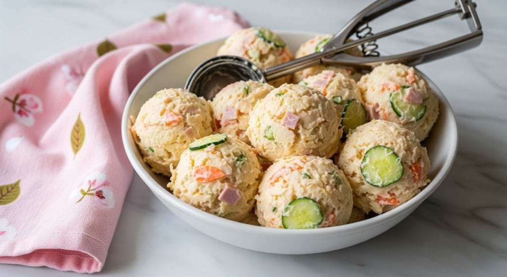 Salade de pommes de terre japonaise potesara (poteto sarada ポテサラ) présentées en boules