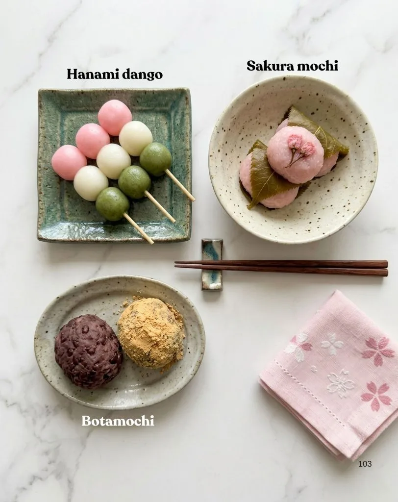 Haru : 58 recettes japonaises de printemps pour cuisiner au rythme des sakura 6 Hanami dango, Sakura mochi, Botamochi
