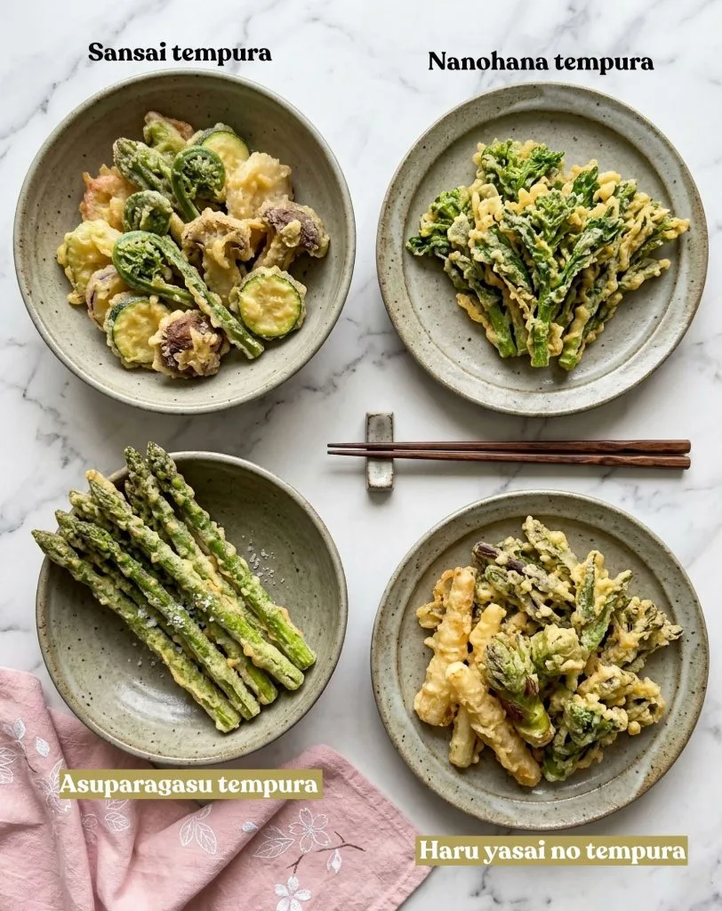 Haru : 58 recettes japonaises de printemps pour cuisiner au rythme des sakura 4 Sansai tempura, nahohana tempura, Asuparagasu tempura, yasai no tempura