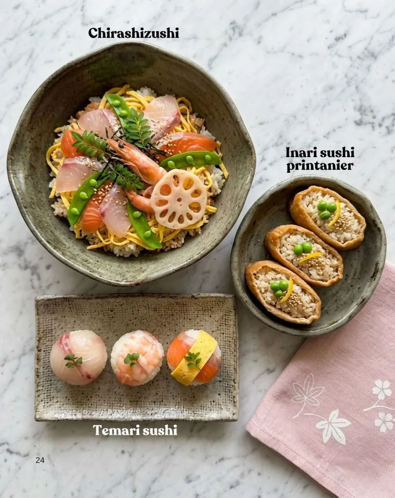Haru : 58 recettes japonaises de printemps pour cuisiner au rythme des sakura 3 chirashizushi, Inari sushi printanier, Temari sushi
