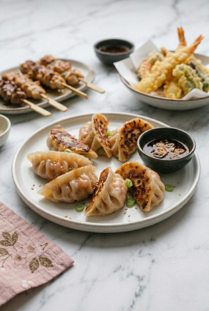 7 Étapes simples pour des Gyoza aux Crevettes Parfaits 10 gyoza aux crevettes - à l'ail et au gingembre avec tempura de crevettes et yakitori