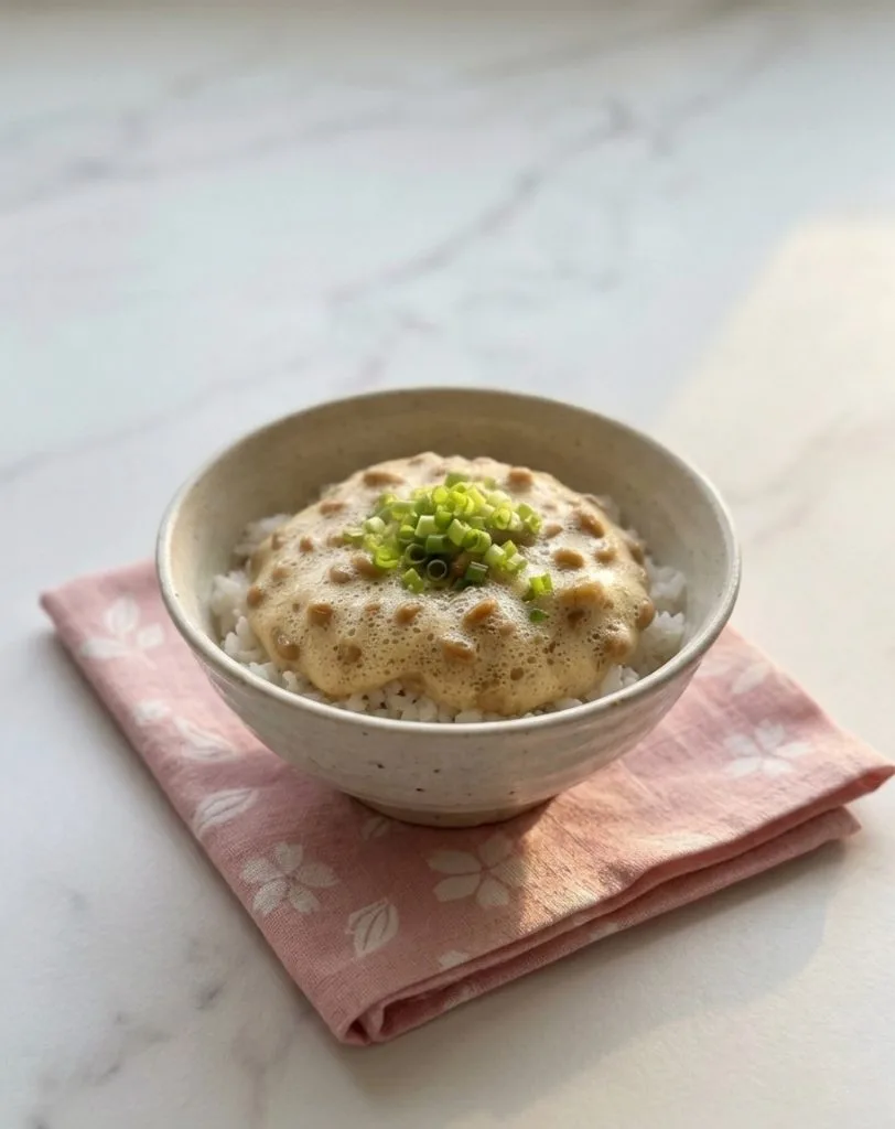 Comment manger le natto comme au Japon ? Guide traditionnel (2026) 10 Bol de riz japonais garni de natto mousseux et de ciboule ciselée, servi sur une serviette rose à motifs sakura.