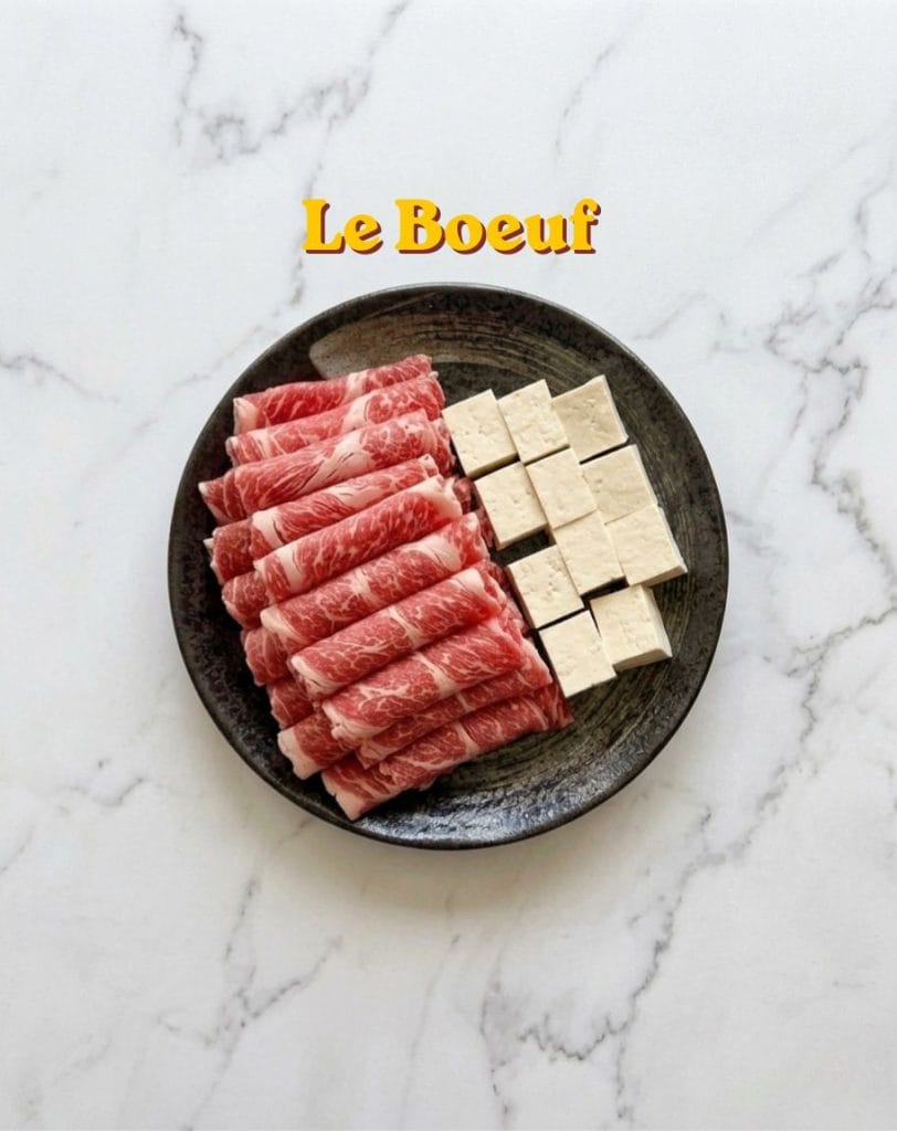 Fines tranches de boeuf persille decoupe style shabu shabu pour fondue sukiyaki japonaise