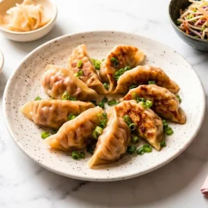 Gyoza au Porc Noir Berkshire : la Recette Kurobuta (Kurobuta gyoza) 10 Gyoza au porc noir Berkshire dorés dans l'assiette, fond croustillant et sauce tare