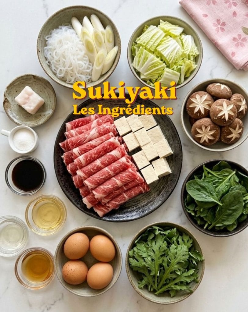 Vue du dessus de tous les ingrédients traditionnels du sukiyaki japonais