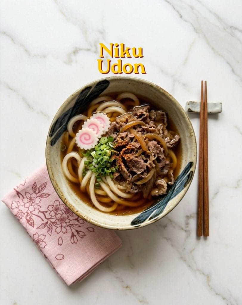 Soupe de nouilles niku udon japonaises au boeuf et bouillon dashi avec narutomaki