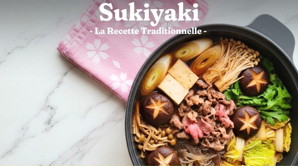 Sukiyaki japonais traditionnel dans une marmite avec bœuf émincé, tofu grillé, shiitake, champignons enoki et légumes.