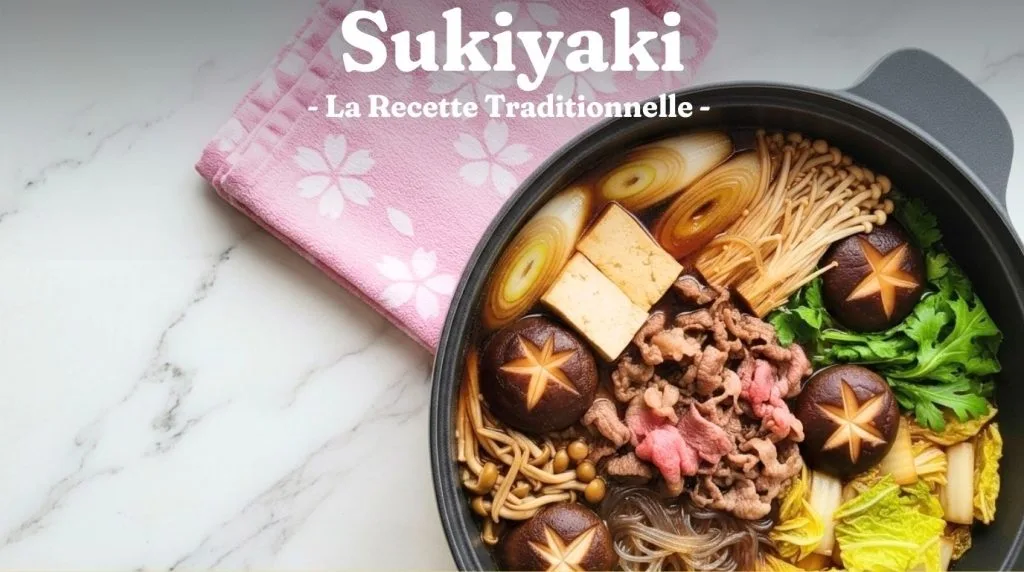 Sukiyaki japonais traditionnel dans une marmite avec bœuf émincé, tofu grillé, shiitake, champignons enoki et légumes.