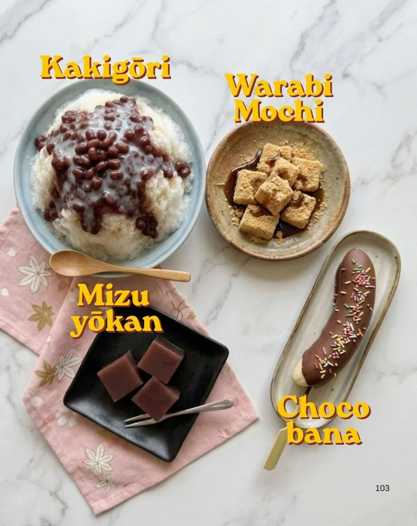 Natsu : 63 Recettes Japonaises Estivales et Traditionnelles 11 Kakigōri, warabi_mochi, chocobana_mizu_yokan, une invitation à transformer les journées chaudes en moments de partage gourmands, légers et dépaysants.