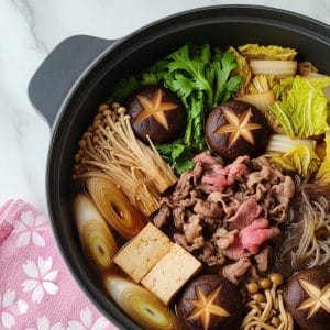 Sukiyaki japonais traditionnel dans une marmite avec bœuf émincé, tofu grillé, shiitake, champignons enoki et légumes.