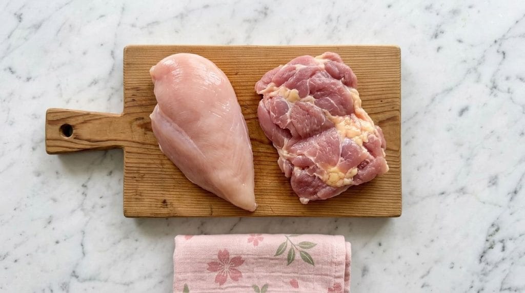 Comparaison du blanc (mune) et de la cuisse (momo) de poulet crus, les deux coupes utilisées pour le poulet nanban