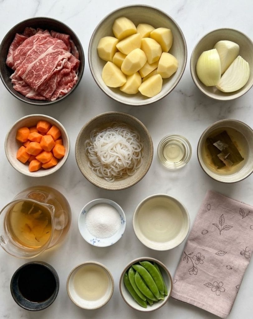 Ingrédients crus du nikujaga disposés sur un plan de travail : bœuf fin, pommes de terre, carotte, oignon et shirataki.