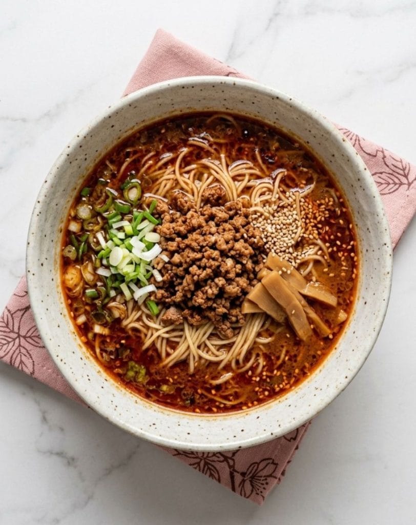 Le Tantanmen (tan tan ramen) est une soupe de nouilles japonaise à base de bouillon crémeux, de pâte de sésame et de viande avec des saveurs inspirées des nouilles dan dan chinoises.