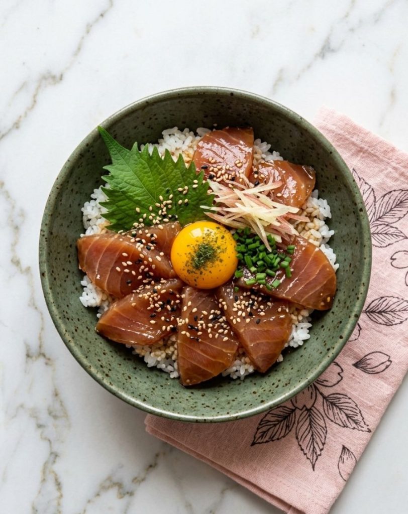 Le canon des comptoirs : tranches en sogi-giri posées à plat sur le riz chaud. Deux écoles, un même Maguro Zuke Don.