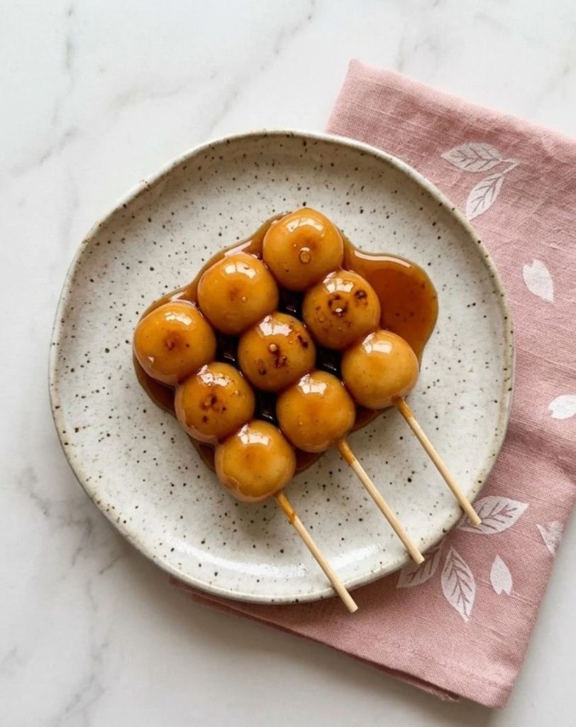 Shiratama Zenzai : la Soupe Sucrée Japonaise aux Boulettes de Riz 9 Le mitarashi dango (みたらし団子) est une pâtisserie traditionnelle japonaise (wagashi) composée de petites boulettes de riz gluant enfilées sur une brochette, grillées, puis généreusement nappées d’un glaçage sirupeux sucré-salé à base de sauce soja.
