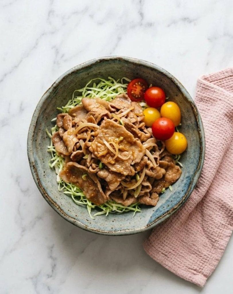 Le Chashu, le porc braisé des ramen - Recette authentique 4 Buta no Shōgayaki - Des tranches fines de porc sautées rapidement avec des oignons et enrobées d'une sauce parfumée à la sauce soja, au mirin, au saké et au gingembre frais.