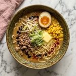 Miso ramen : bouillon W-soup ultra savoureux, miso tare au wok et nouilles épaisses. Le grand classique de Sapporo.