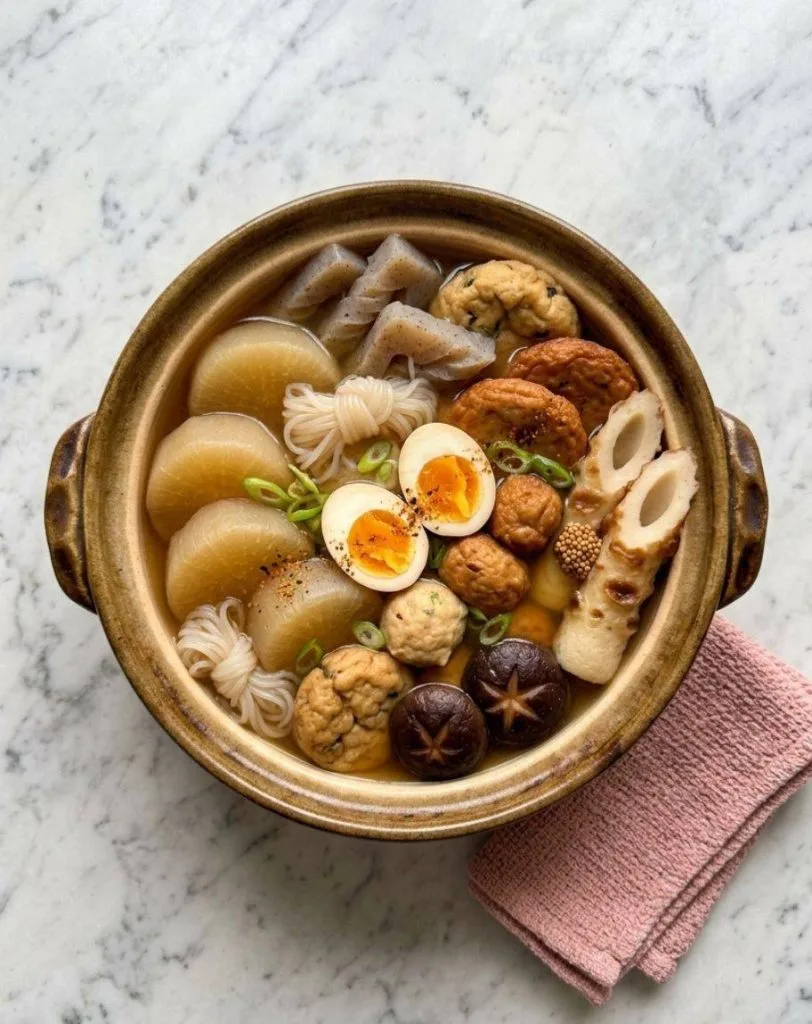 Tonyu Nabe : la Recette du Pot-au-Feu au Lait de Soja 11 L'oden est un plat d'hiver traditionnel japonais très populaire. Il s'agit d'un assortiment d'ingrédients mijotés longuement dans un bouillon clair appelé dashi (généralement à base d'algues kombu et de copeaux de bonite séchée).