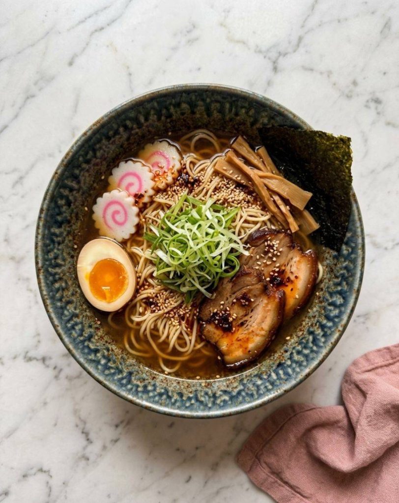 Le shoyu ramen est une soupe de nouilles japonaise traditionnelle assaisonnée avec un bouillon clair à base de sauce soja (shoyu), garnie de porc braisé (chashu), d'un œuf mollet mariné (ajitsuke tamago), de pousses de bambou et de ciboule.